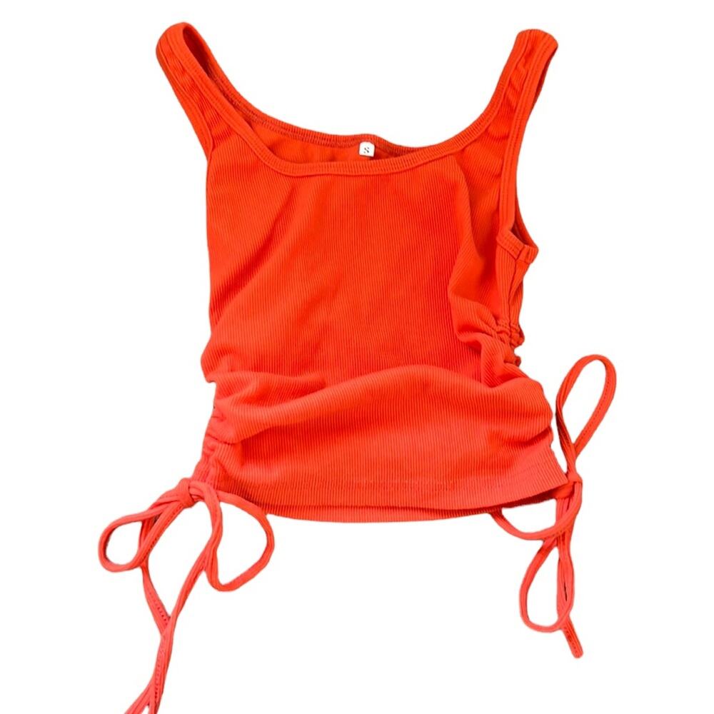 Orange Ribbed Form Fitting Tank With Drawstring Sides